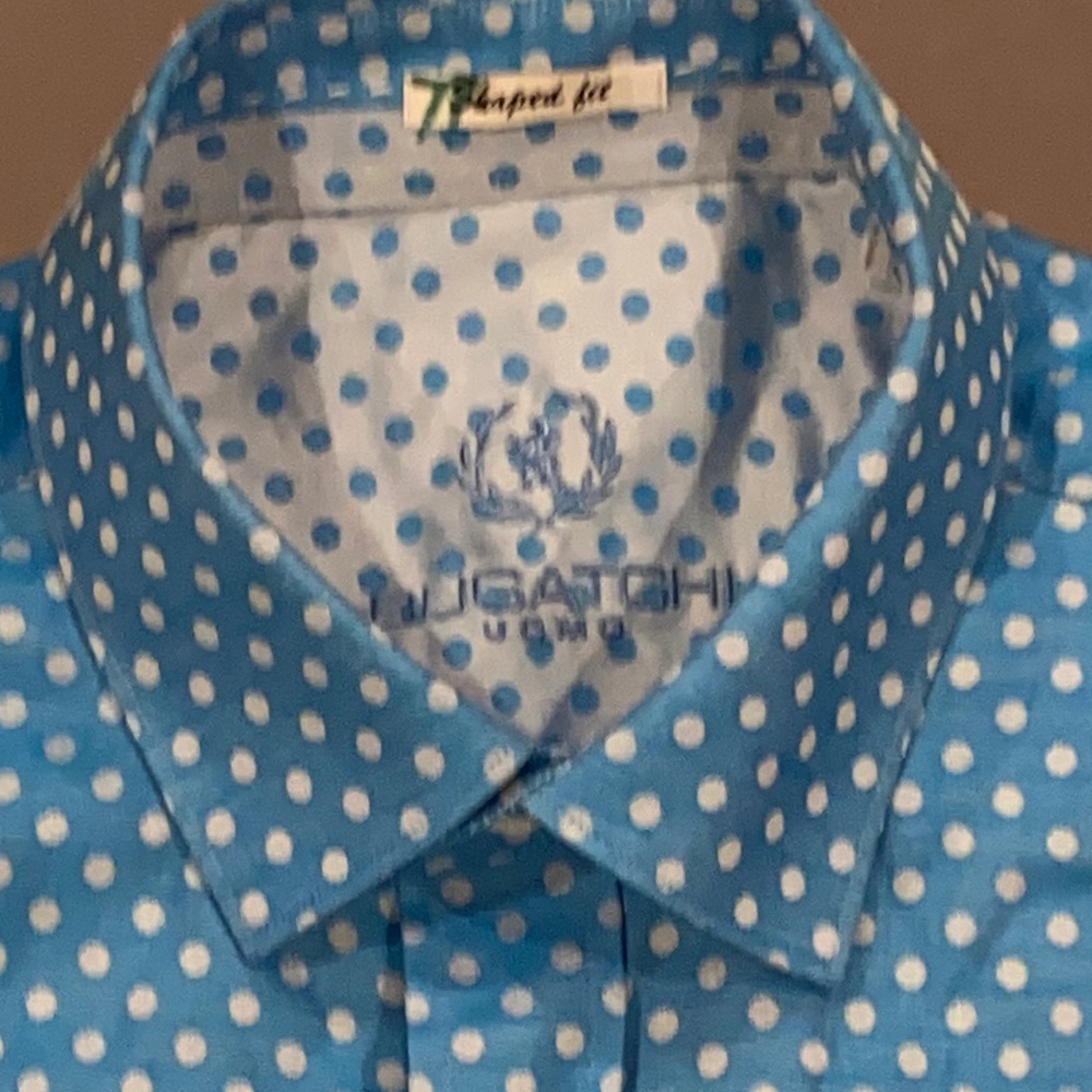 Bugatchi Blue Polka Dot Casual Short Sleeve Button Down Shirt
